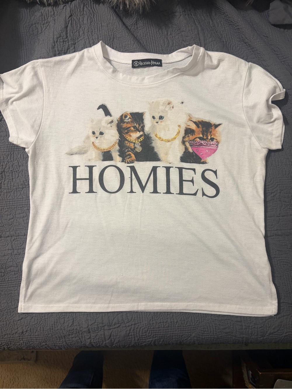 Adorable women’s graphic tee with kitten “HOMIES”